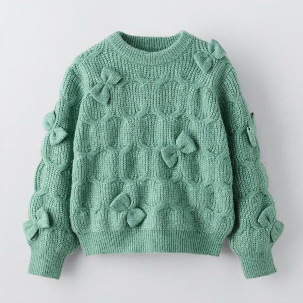 Zara 13-14 Green Cable Knit Sweater with bows